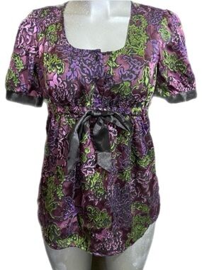 Mimi Maternity Silk Babydoll Top Blouse Sz Small Floral Purple/Green Whimsigoth
